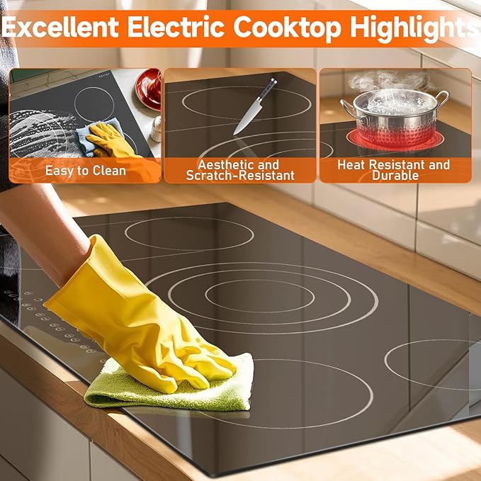 Noxton 36 Inch Electric Cooktop 5 Burners, 9600W Built-in Electric Stove Top, Flexible Bridge & Triple Elements, Pause, Timer, Child Safety Lock,Touch Control Ceramic Cooktop for 220-240V Hard Wire