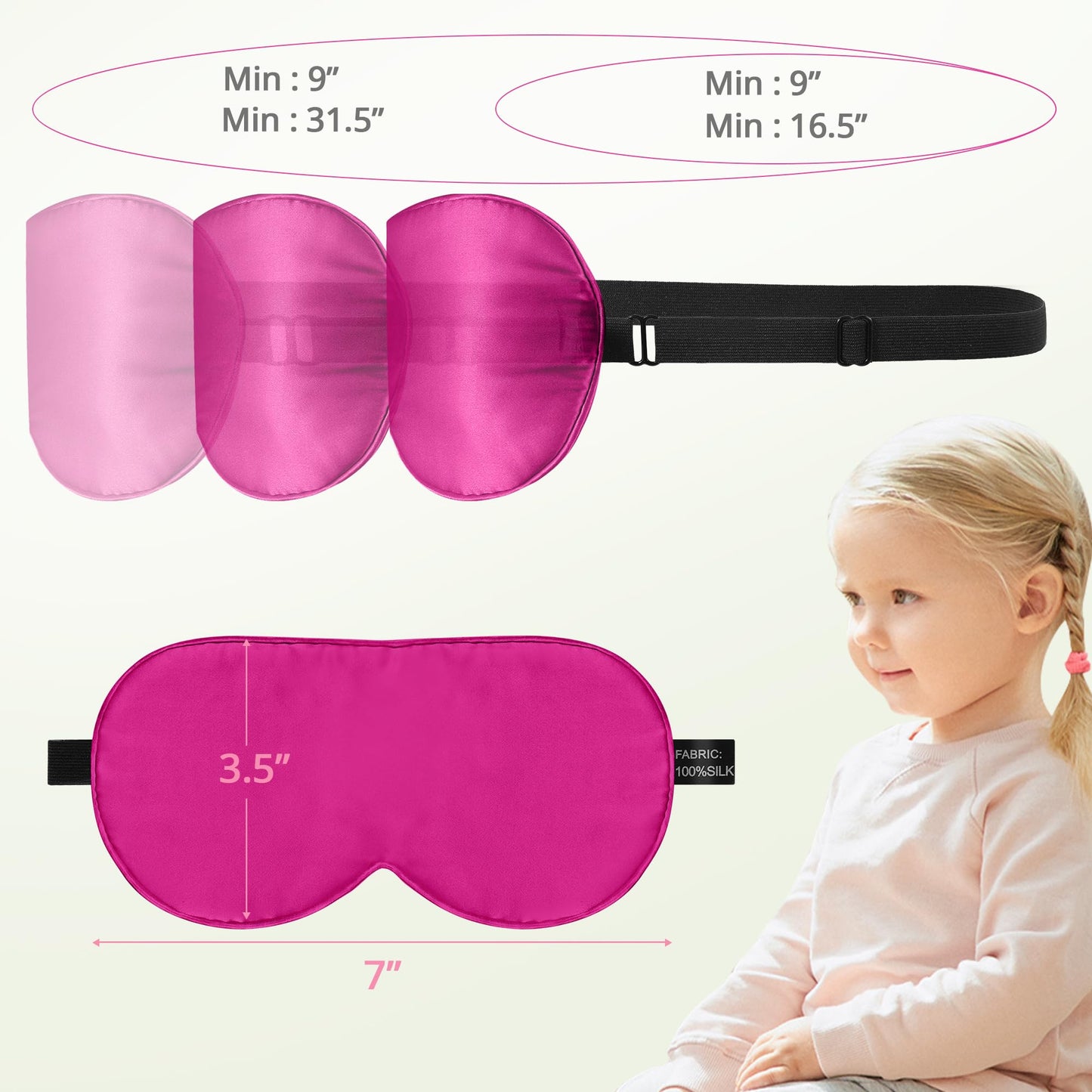 Kids Sleep Mask Eye Cover, 100% Real Natural Pure Silk Eye Mask with Adjustable Strap, Blindfold Kids Eye Mask for Sleeping, Eye Shade for Boys Girls and Adult, Pressure-Free Comfort (Rose red)