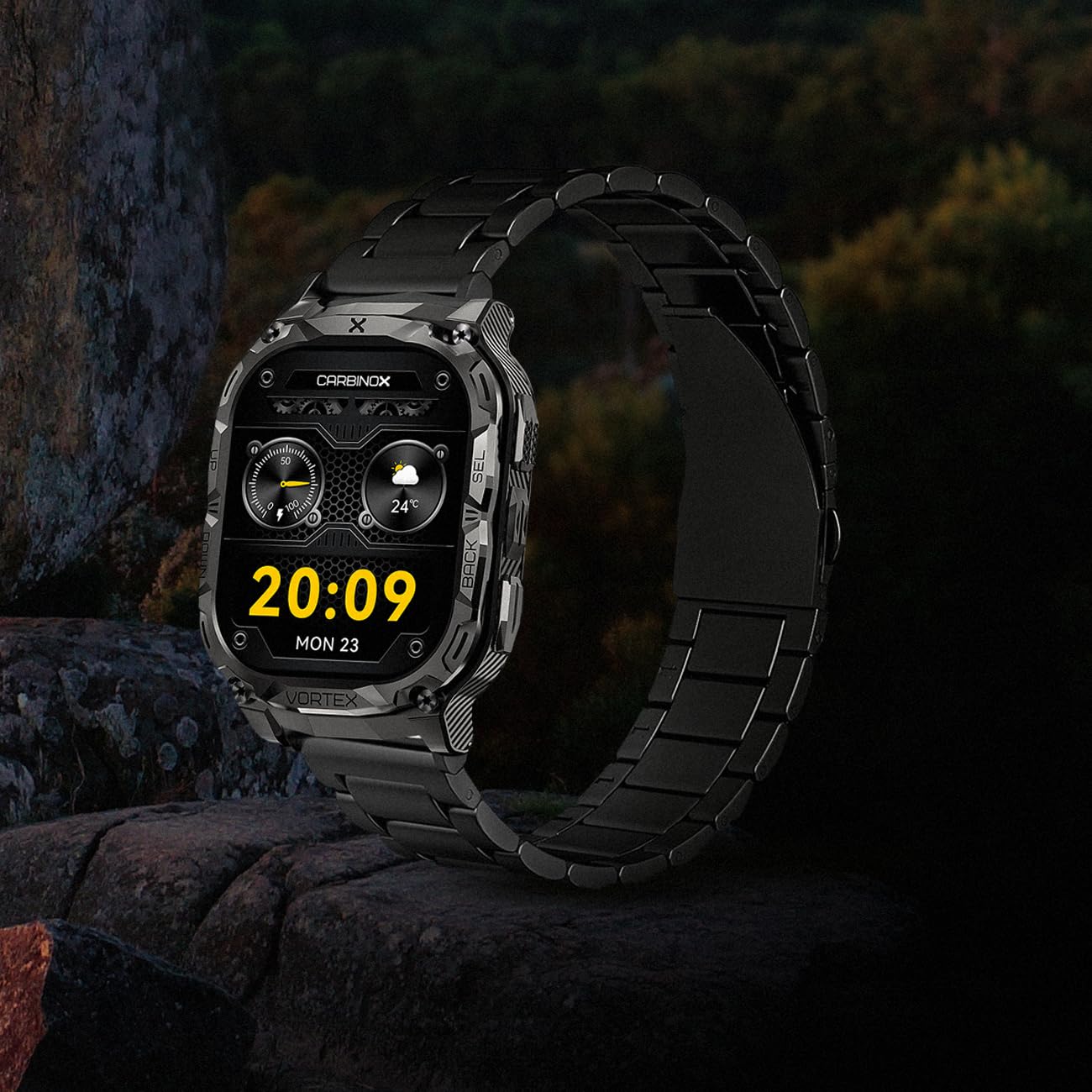 CARBINOX Vortex Smart Watch with Metal Band 22 mm, Rugged Fitness Tracker IP69K Waterproof Compatible with Android and iOS Phone, 14 Days of Battery Military Durable