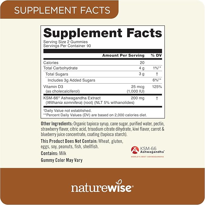 NatureWise Ashwagandha Gummies - Strawberry Kiwi - KSM-66 with Vitamin D3 - Calming Mood Support - Vegetarian - Non-GMO, Gelatin and Gluten Free - 180 Count[3-Month Supply]