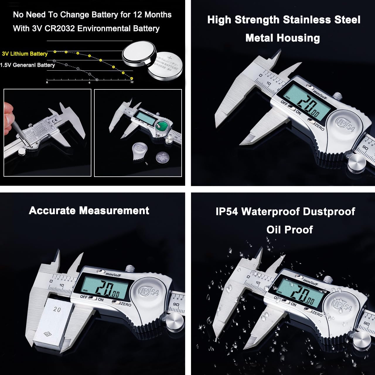 Kynup Digital Caliper, Caliper Measuring Tool Outside Micrometer, Vernier Dial Caliper, 6 Inch Caliper DIY Tool, Stainless Steel, IP54 Splash Proof, Inch Metric Fraction Switch, Large LCD Screen