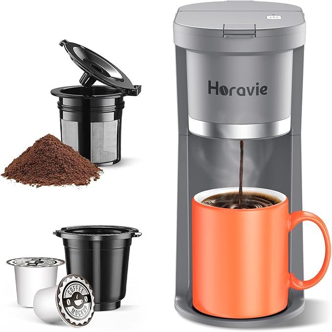 Small Single Serve Coffee Maker, Fast Brew One Cup Coffee Machine for K Cup and Grounds, 6 to 12 oz. Brew Sizes, Capsule Coffee Machine with Descaling Reminder and Viewing Tank, Grey