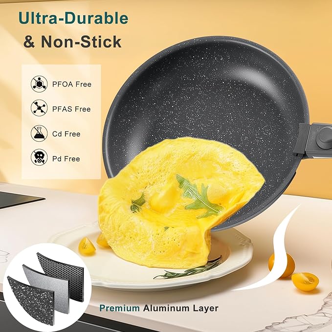 NEWBULIG Nonstick Kitchen Cookware Set, Pots and Pans with Detachable Handle, Induction Compatible, Dishwasher & Oven Safe, Space-Saving, Black, 12 Pieces(5 Pot)