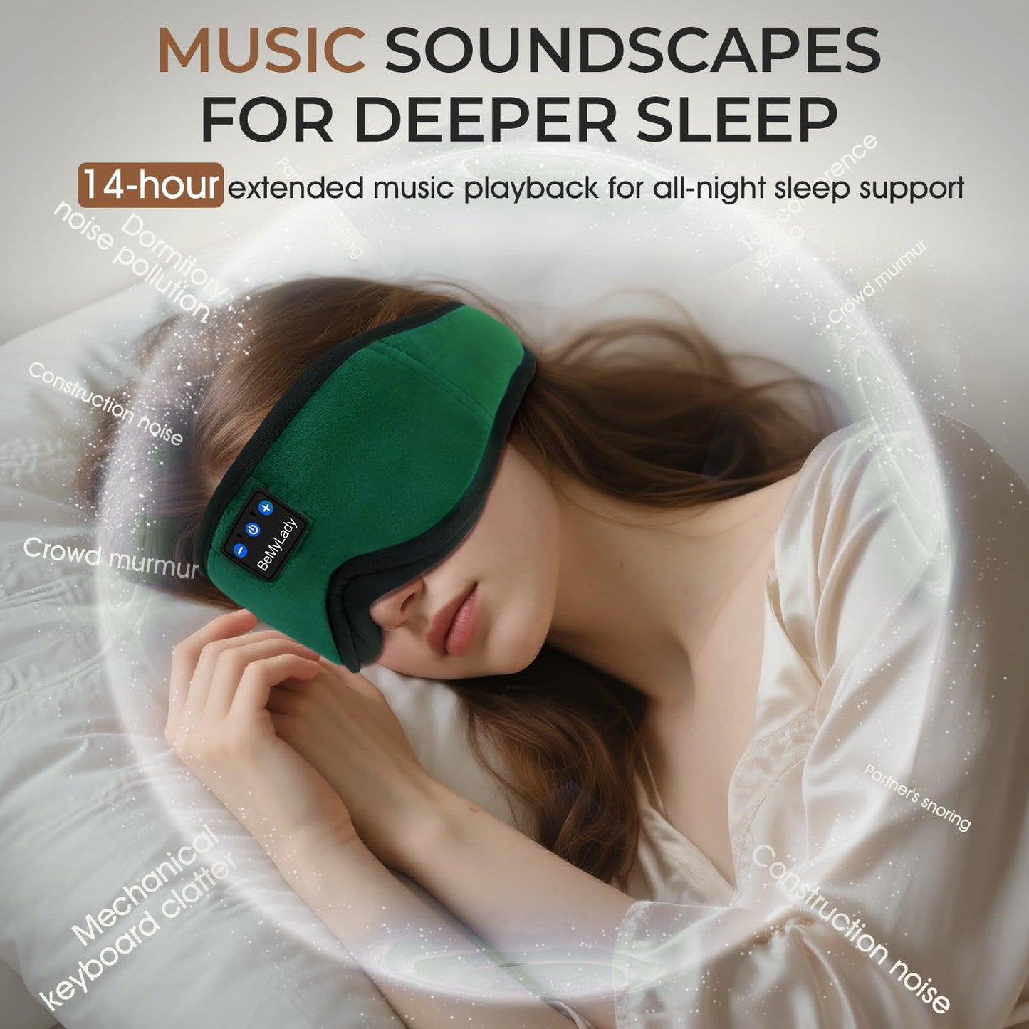 BeMyLady Sleep mask Headphones,100% Blackout 3D Zero Eye Pressure Bluetooth Sleep mask Breathable Eye mask with Bluetooth Headphones Sleep Headphones for Side Sleepers 14H Playtime&Bluetooth 5.4 Green