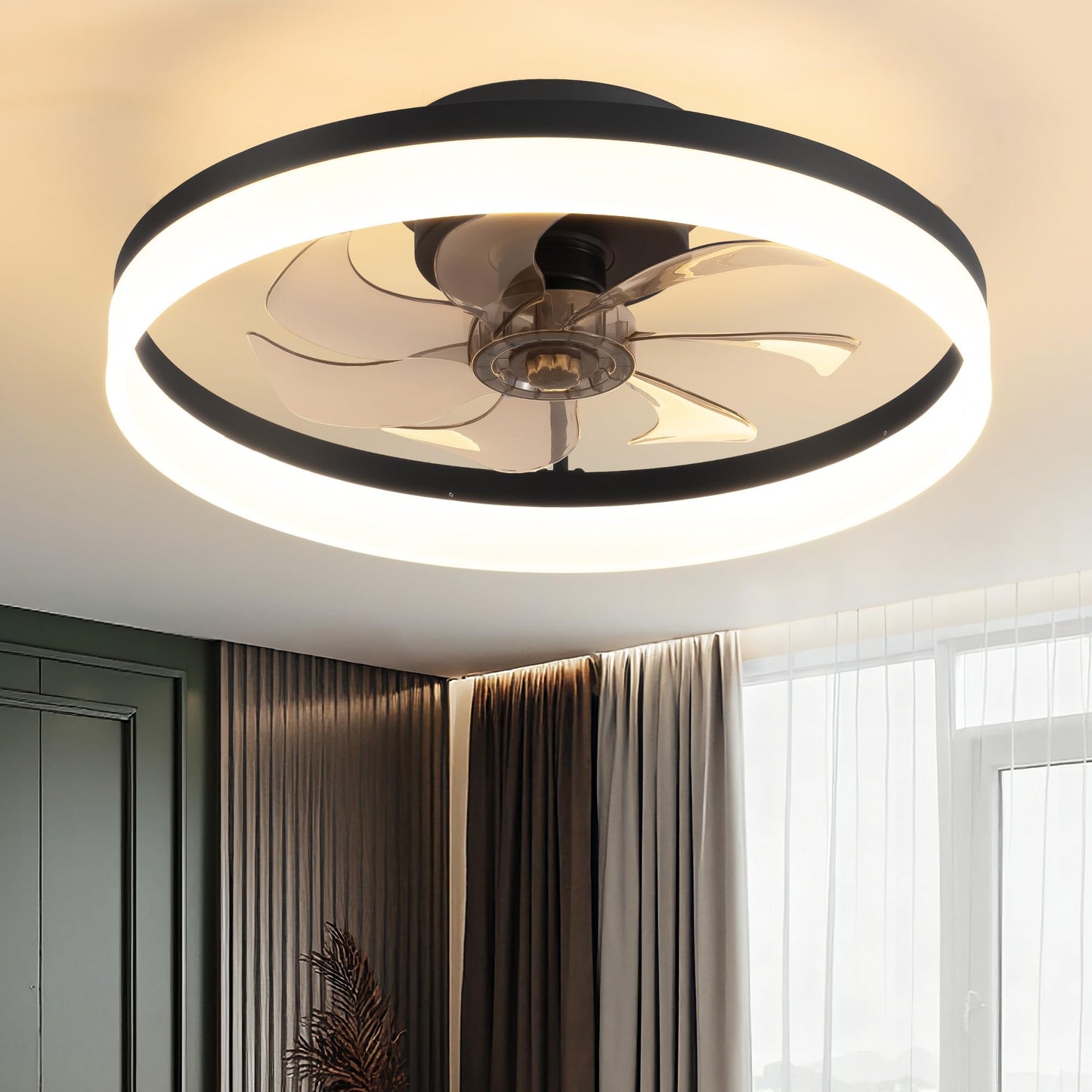 Pusu 19.7 Low Profile Led Ceiling Fans With Light  Reversible Flush Mount With Remote And 6 Winds Speeds Fan Lighting  3 Colors Dimmable For Bedroom  Living Room  Kids  Dinning Room  Kitchen (Black)