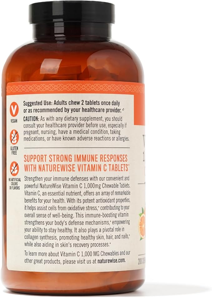 NatureWise Extra Strength Vitamin C Chewable 1000mg for Adults - Natural Orange Flavor - Immune System & Antioxidant Support - Non-GMO, Vegan & Sugar Free - 200 Chewable Tablets[100-Day Supply]
