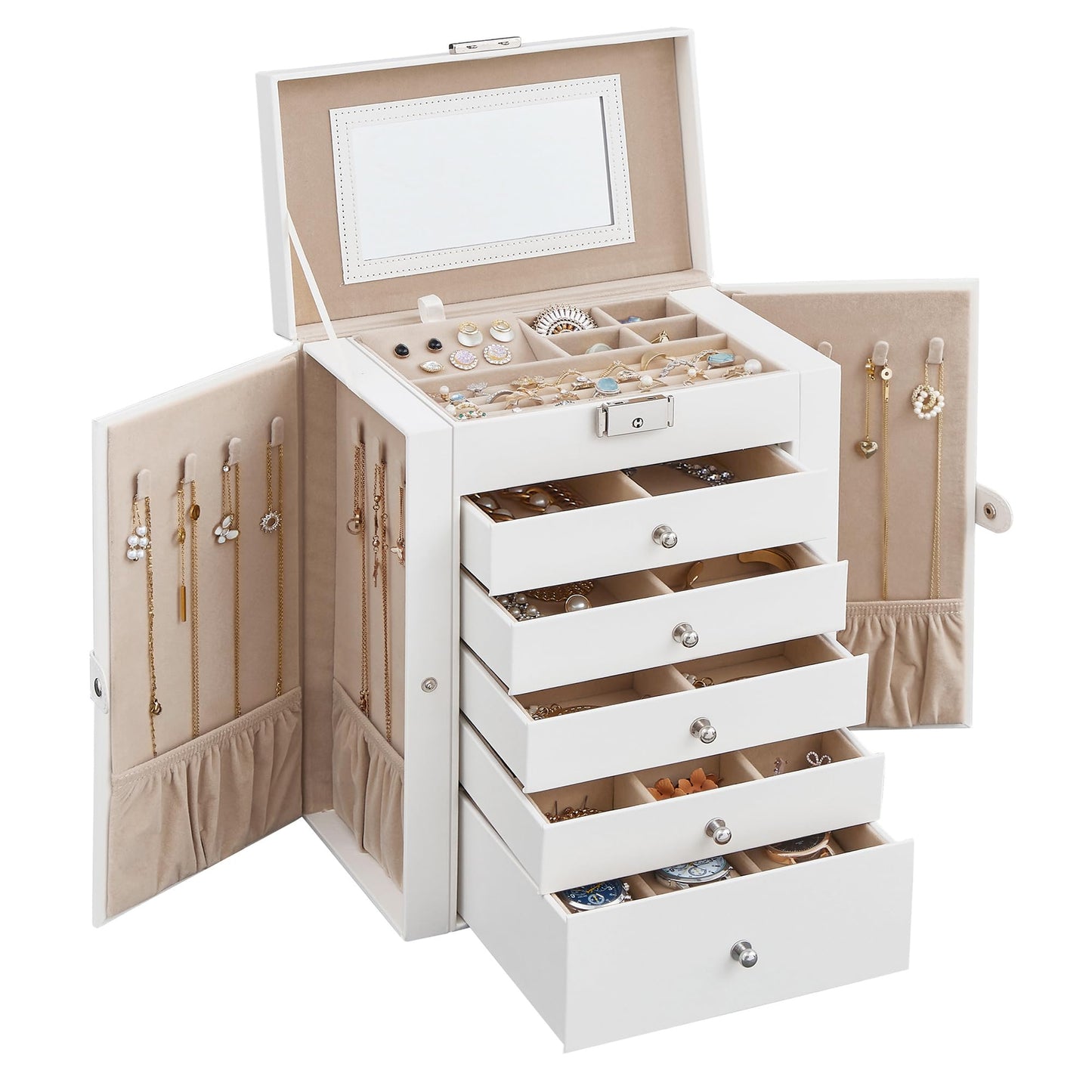 SONGMICS 6 Tier Jewelry Box, Jewelry Storage Organizer with 5 Drawers, Large Storage Capacity, with Mirror, Lockable, Jewelry Ca