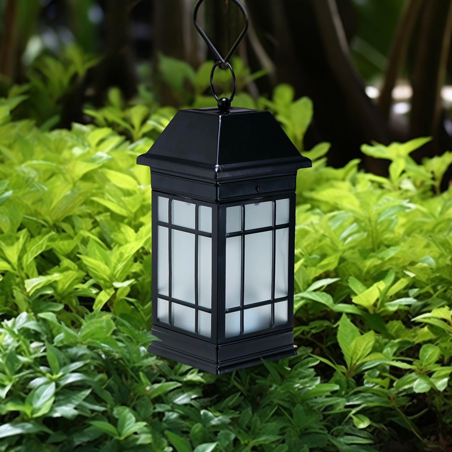 anyperfect Solar Lantern, 14in Hanging Metal Lantern, Waterproof Glass Flickering Flame, Black, Model DL02B