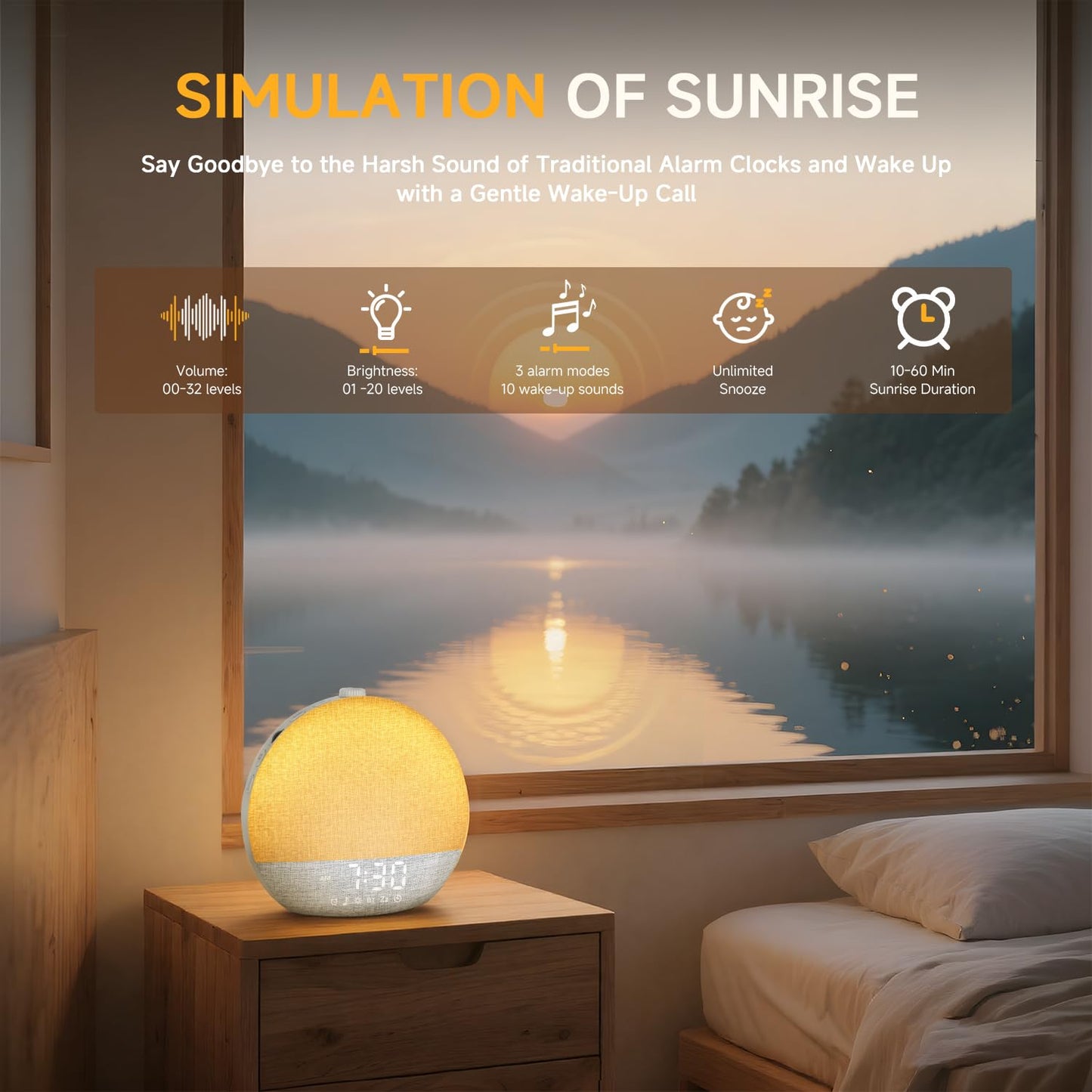 Geuuap Sunrise Alarm Clock White Noise Sound Machine for Bedroom | Natural Wake-Up Light with 30 Soothing Sleep Aids, Bluetooth Speaker, Dimmable Clock, Screen-Free Design for Baby Adults Kids-White