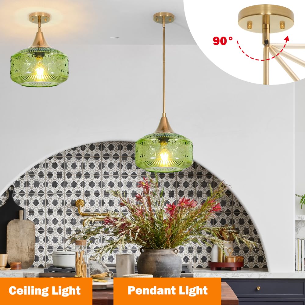 Retro Gold Pendant Light Fixtures Kitchen Island Lighting  Brass Pendant Light With Large Thickened Green Glass Globe Shade  Adjustable Hanging Light For Dining Room Bathroom Entryway  Rotation Angle