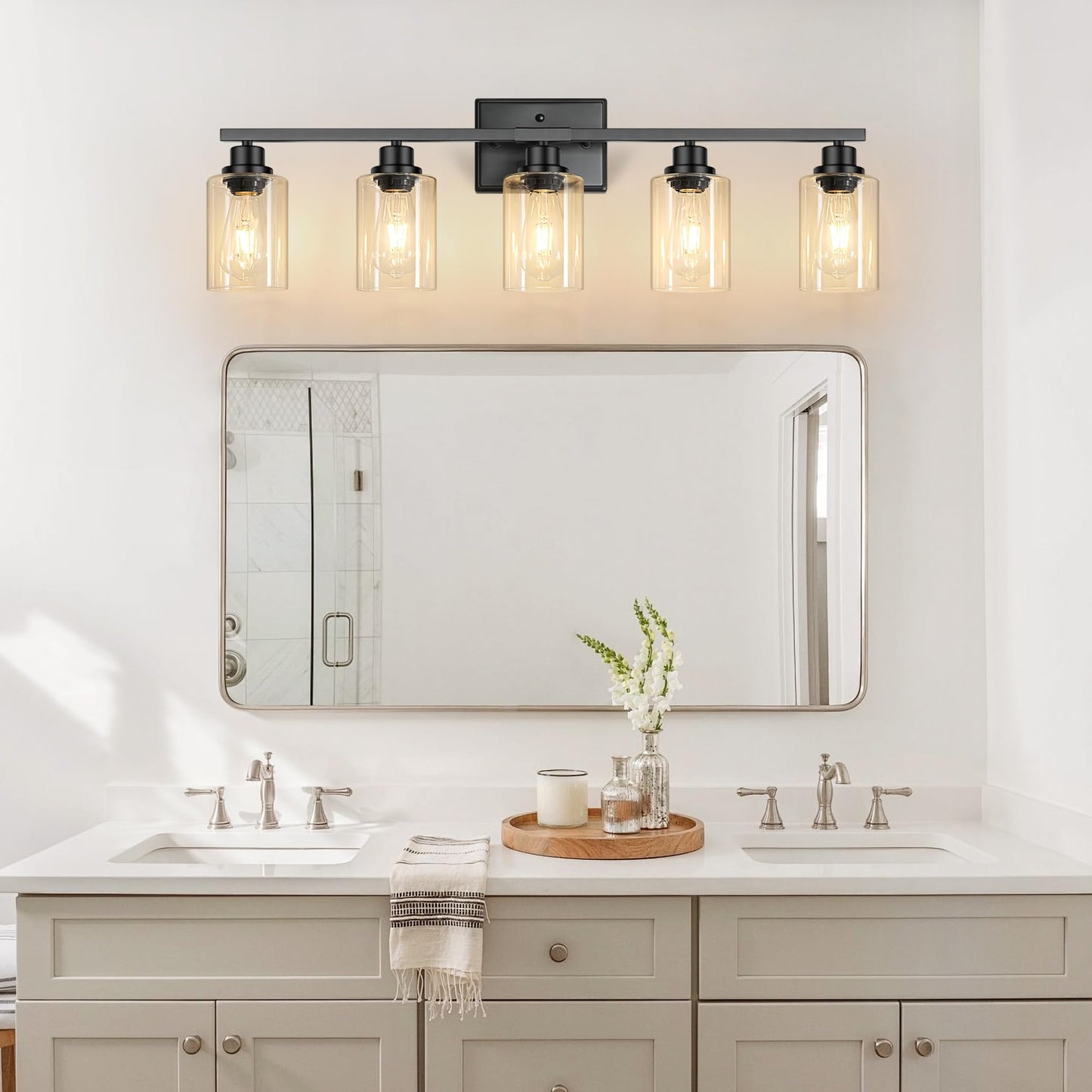 Ascher 5-Light Bathroom Light Fixtures, 33 Inch Vanity Lights with Clear Glass Shade, Modern Black Finish Wall Light for Mirror Bedroom Hallway Cabinet Porch