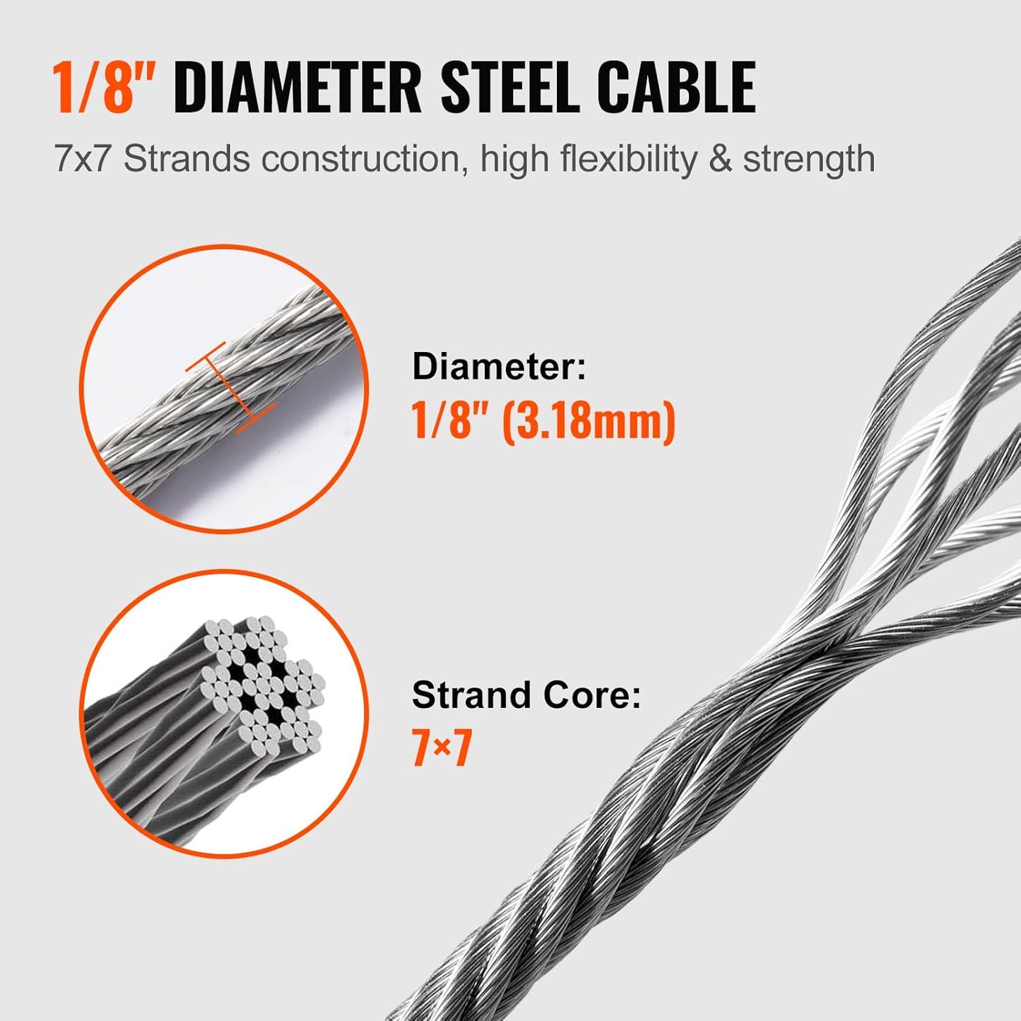 VEVOR T316 Deck Railing Cable, 1/8" Stainless Steel Wire Rope 300 ft with Cutter Kit, 7x7 Strands Construction Marine Aircraft Grade for Handrail Stair Decking Fence Outdoors