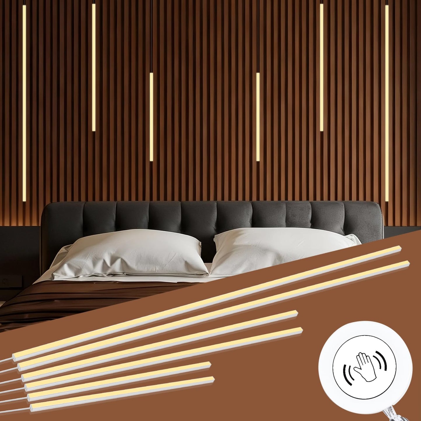 Cubitor Led Recessed Lighting Kit 6 Pack Self-Adhesive Cob Led Light Bar  Warm White 3000K  With Touching Switch  For Wood Slat Wall Panels Headboards Home Decor.Silver Channel 2Pcs*(16In+24In+40In)