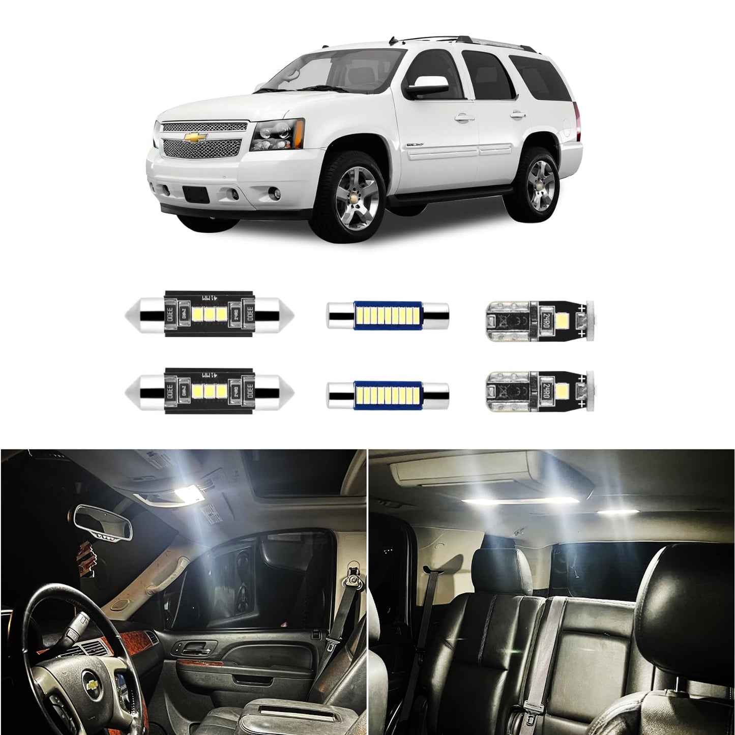 15Pcs Car Interior Lights: Super Bright Bulbs 6000K White Led For 2007 2008 2009 2010 2011 2012 2013 2014 Chevy Tahoe/Suburban Lighting Package Kit Includes Light Accessories + Install Tool