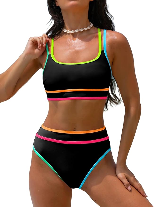 popvil Women's High Waisted Bikini Sets Neon Two Piece 2026 Swimsuit Sporty Adjustable Straps Bathing Suit