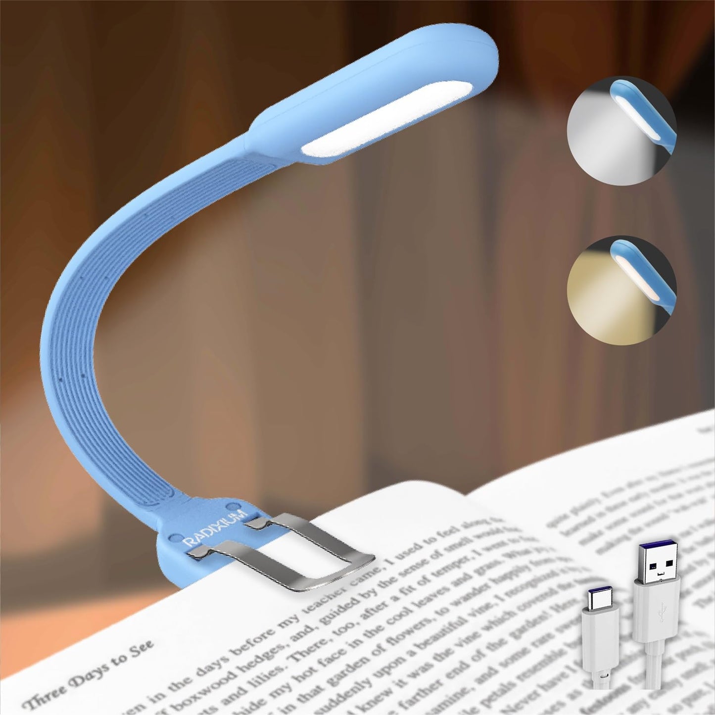 Radixium Slim Rechargeable Book Reading Light  Eye Caring Led With 4 Color Temperatures  Portable Clip On Book Light For Reading In Bed & Travelling. Prefect Elegant White Gift For Book Lover.(Blue)