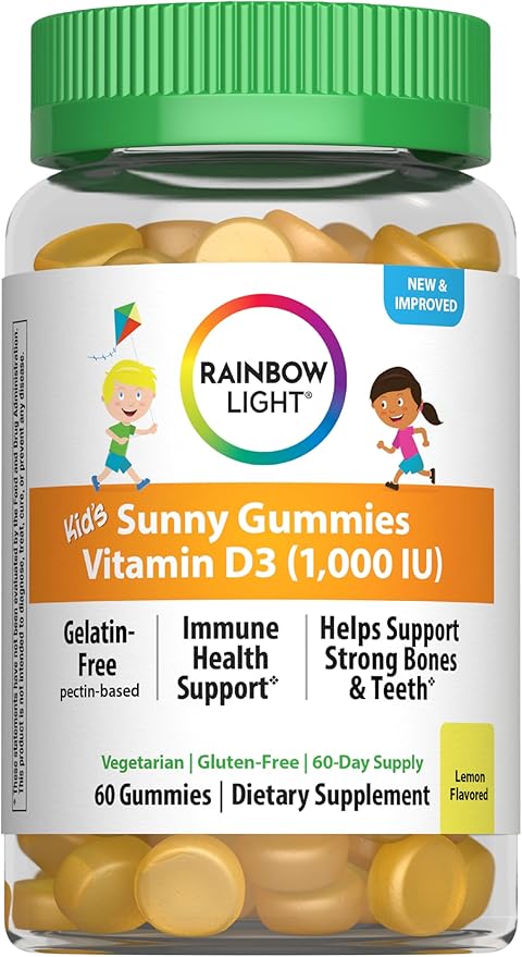 Rainbow Light Kid's Sunny Gummies Vitamin D3 1000 IU Gummy Supplement, Assorted Fruit Flavor, 60 Count, 1 Bottle
