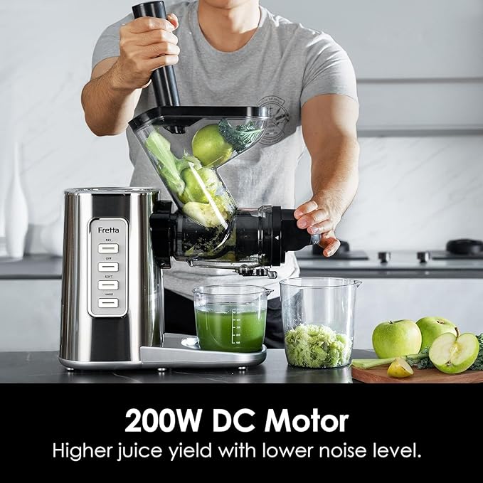 Fretta Masticating Slow Juicers,3-inch Wide Feeding Chute Cold Press Juicer,Celery Juicer, Juicer Machines Vegetable and Fruit,Juice Recipes Included,2 Speed,BPA-Free,Easy Clean,200W (Stainless Steel)