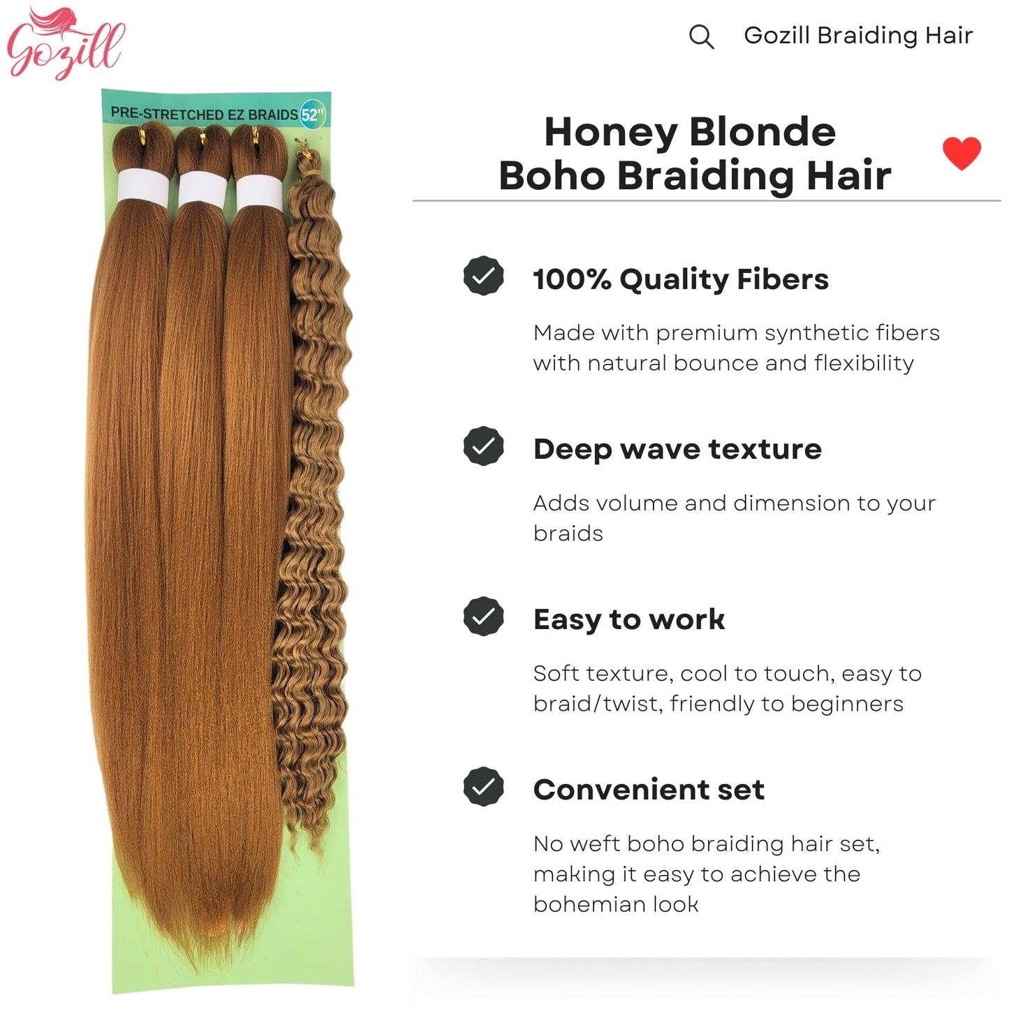 Honey Blonde Boho Hair for Braiding Synthetic 27# EZ Braids Pre Stretched Knotless Braiding Hair for Boho Braids (4 Packs)