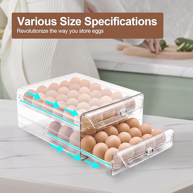 Egg Holder for Refrigerator,60 Eggs Clear Drawer Organizer,2 Layer Stackable Egg Holder Egg Trays,Egg Storage Container with Time Scale for Fridge Countertop Cabinet