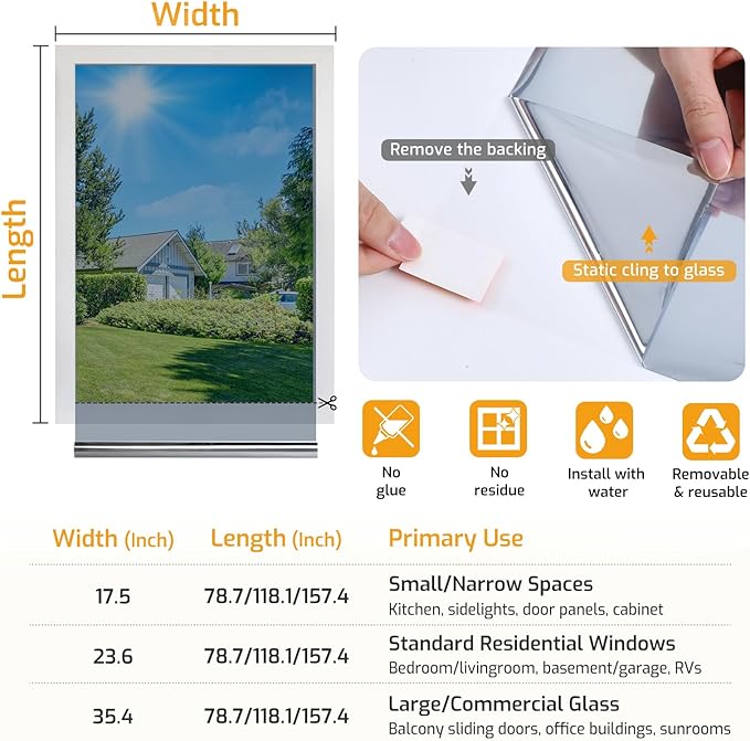 LUTE One Way Window Privacy Film, Window Tint for Home, Sun Blocking UV Heat Blocker, See Out Not in Reflective Mirror Film, Removable Static Cling Glass Door Coverings, Silver, 17.5" x 157.4"