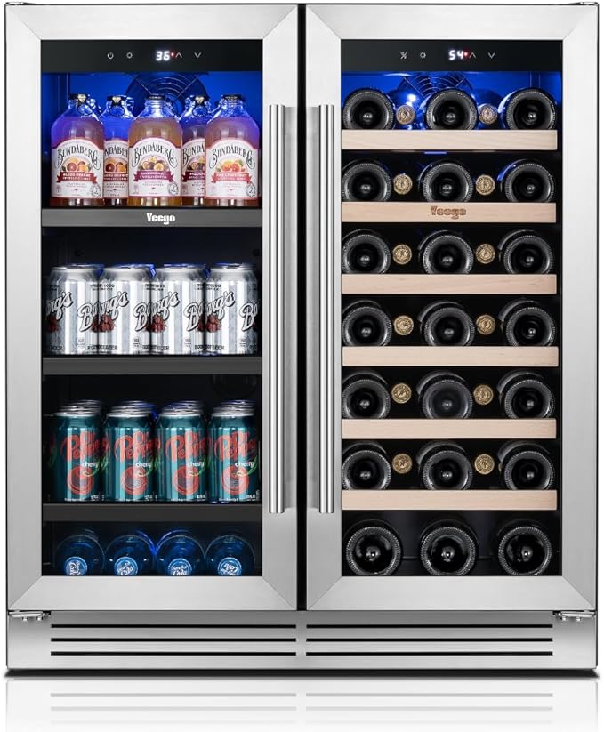 Yeego Wine and Beverage Refrigerator, 30" Dual Zone Upgraded Wine Beverage Cooler Built-In or Freestanding Wine Fridge with Glass French Door,Large Capacity Beer Fridge Holds 80 Can & 33 Bottle