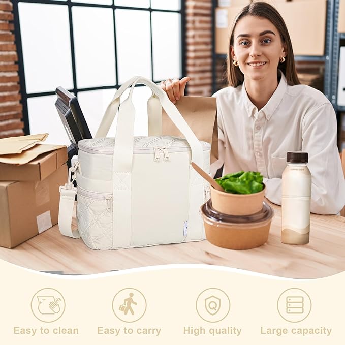 NOL Natural Organic Lifestyle Women's Nylon Lunch Cooler Cute Quilted Lunch Bag Large Leakproof Insulated Lunch Tote Bag for Work Picnic Travel,Cream