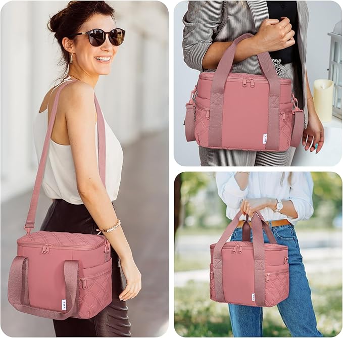 NOL Natural Organic Lifestyle Women's Nylon Lunch Cooler Cute Quilted Lunch Bag Large Leakproof Insulated Lunch Tote Bag for Work Picnic Travel,Dark Pink