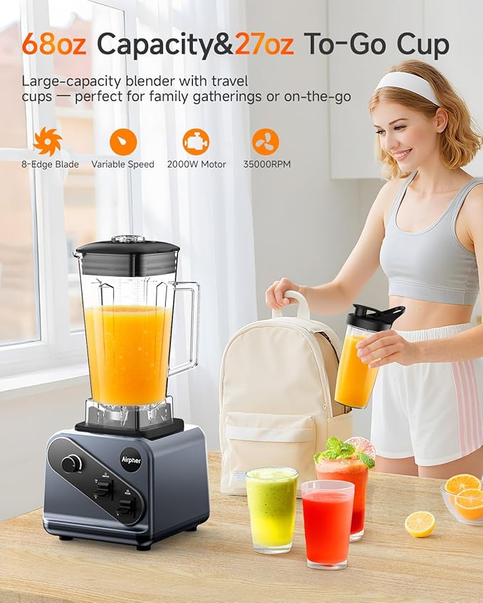 Blenders for Kitchen, 2000W Professional Blender, 68oz Large Capacity with 27oz To-Go cup, Smoothie Blender with 35000RPM to Make Soups, Jams, Frozen Fruit&More, Dishwasher Safe, BPA-Free