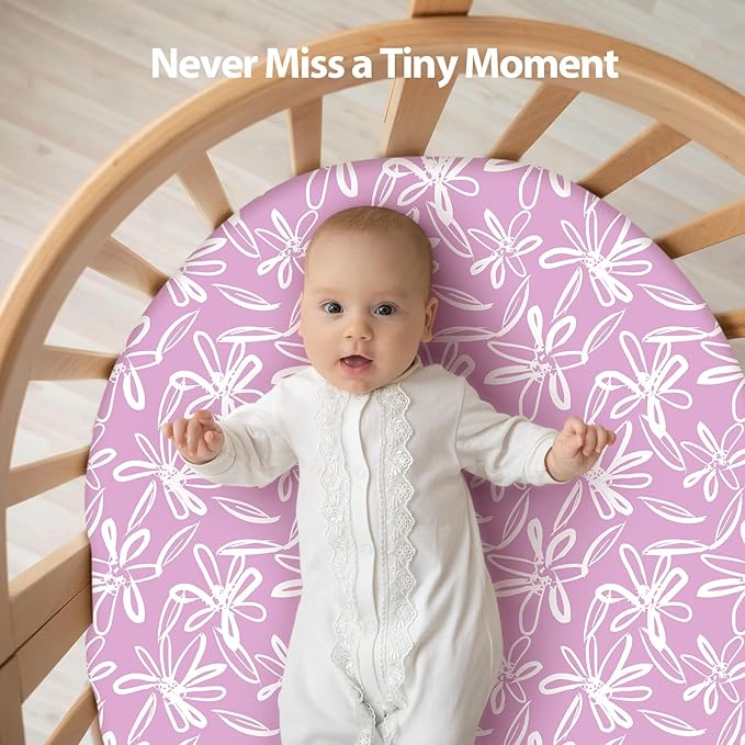 Baby Bassinet Sheets Girl Boy, Fitted Bassinet Sheet Set 3 Pack Bassinet Mattress Sheets Universal Fit for Rectangle, Round, Oval, Hourglass Mattress, Soft Breathable Purple Leaf