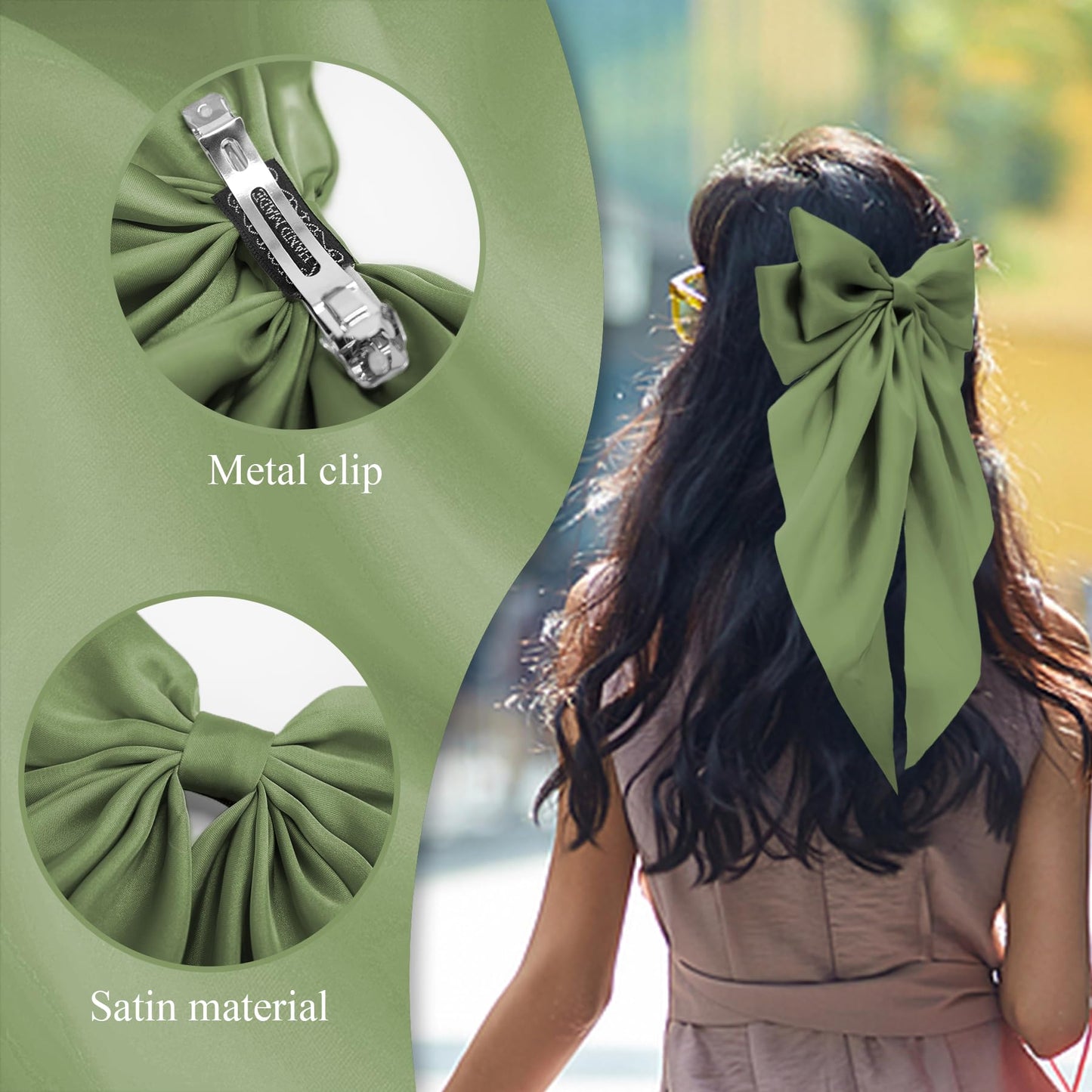Hair Bows for Women, 2Pcs Olive Green Bow Hair Clips for Girls, Silky Satin Hair Bows Clips Long Tail, Large Hair Barrettes Cute