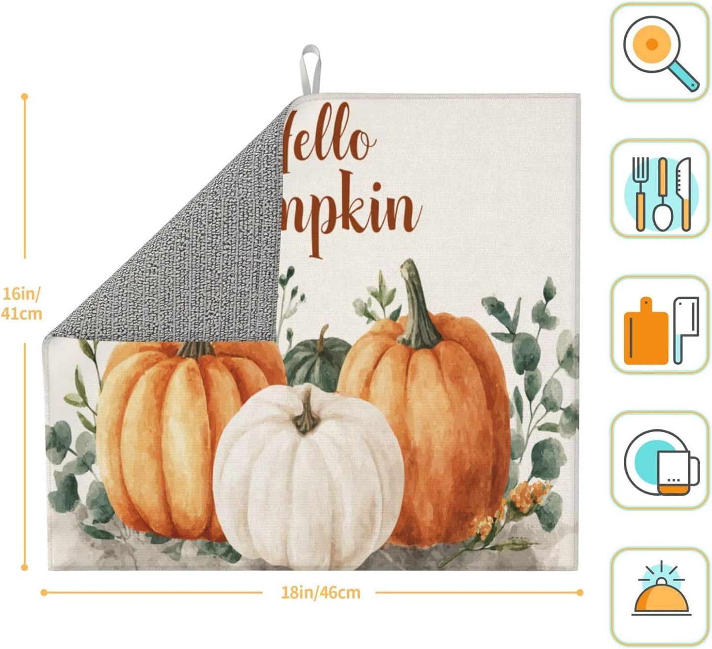 Dish Drying Mat Pumpkin Watercolor Fall Thanksgiving for Kitchen Counter Absorbent 16x18 Inch Microfiber Dishes Plate Glass Dry Draining Pad Reversible Washable