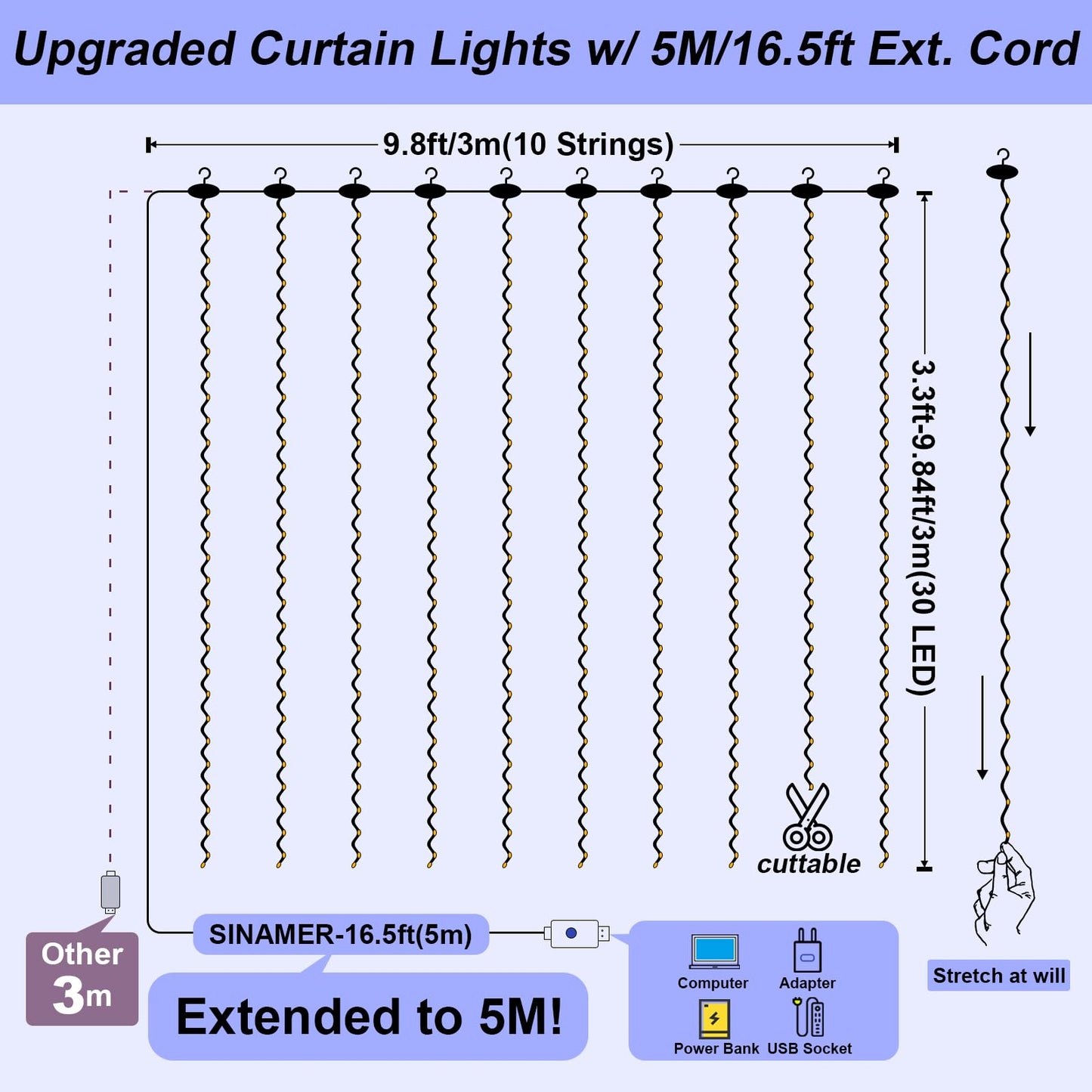 SINAMER Curtain Light USB Powered Fairy Lights, 9.8ft x 9.8ft, Copper Wire, 8 Lighting Modes, Remote Control, Blue