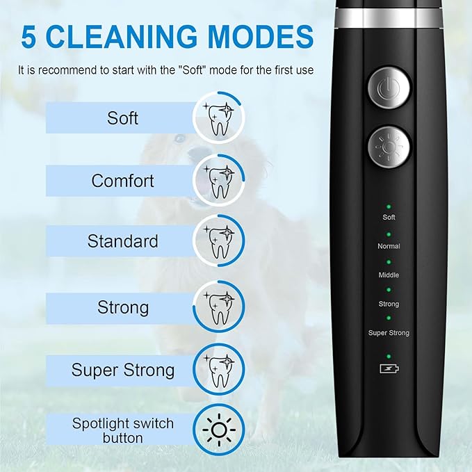 Plaque and Tartar Remover, Dog Ultrasonic Teeth Cleaner Toothbrush for Tartar and Stains with LED Light, 5 Modes Low Noise Sonic Tooth Cleaning Kit Tool for Dogs (Black)