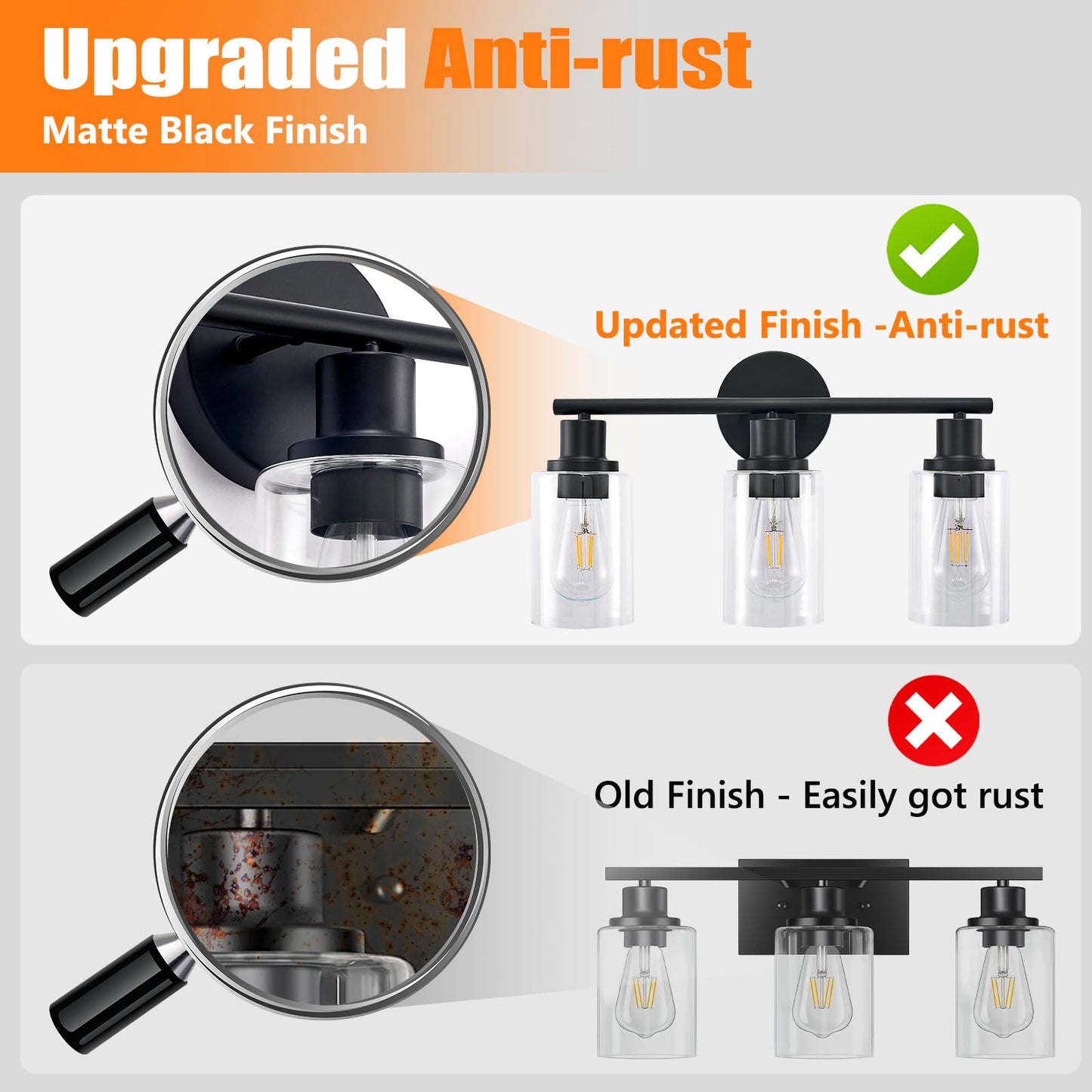 DINGLILIGHTING DLLT 3-Light Bathroom Light Fixtures - Matte Black Metal with Clear Glass Shade - 2 Packs