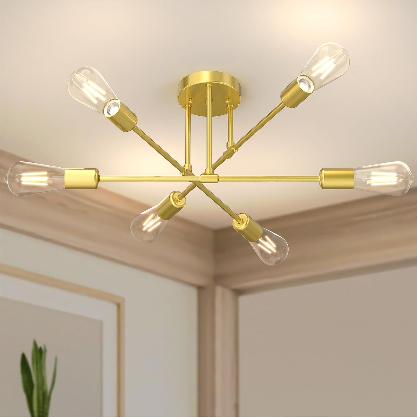 Phaosio Modern Sputnik Chandelier  6-Light 22  Semi Flush Mount Ceiling Light Fixture With E26 Base  Mid Century Industrial Lighting For Bedroom  Dining Room  Living Room-Sparkling Gold