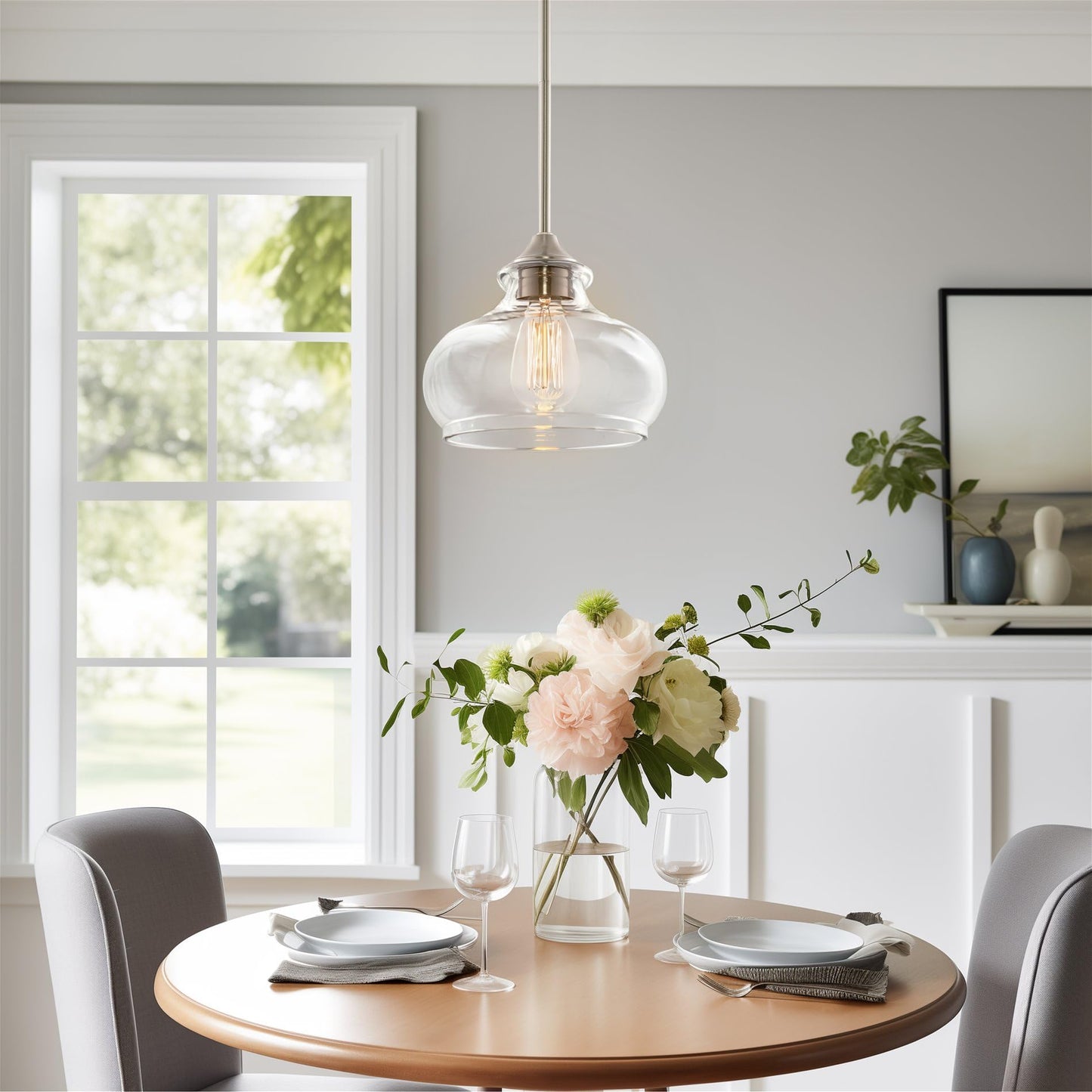 Kira Home Pendant Light, 9in Adjustable Height, Brushed Nickel Finish, Clear Glass Shade, Model RV-CP6802-BN