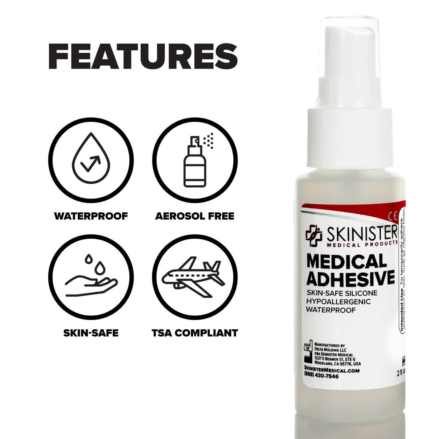 Skinister Medical Adhesive Spray – Silicone Skin Glue for Ostomy Supplies, Ileostomy, Colostomy & Urostomy, Stoma & Ostomy Bag Adhesive, Breast Forms, Condom Catheters, Prosthetics, SFX Makeup | 2oz