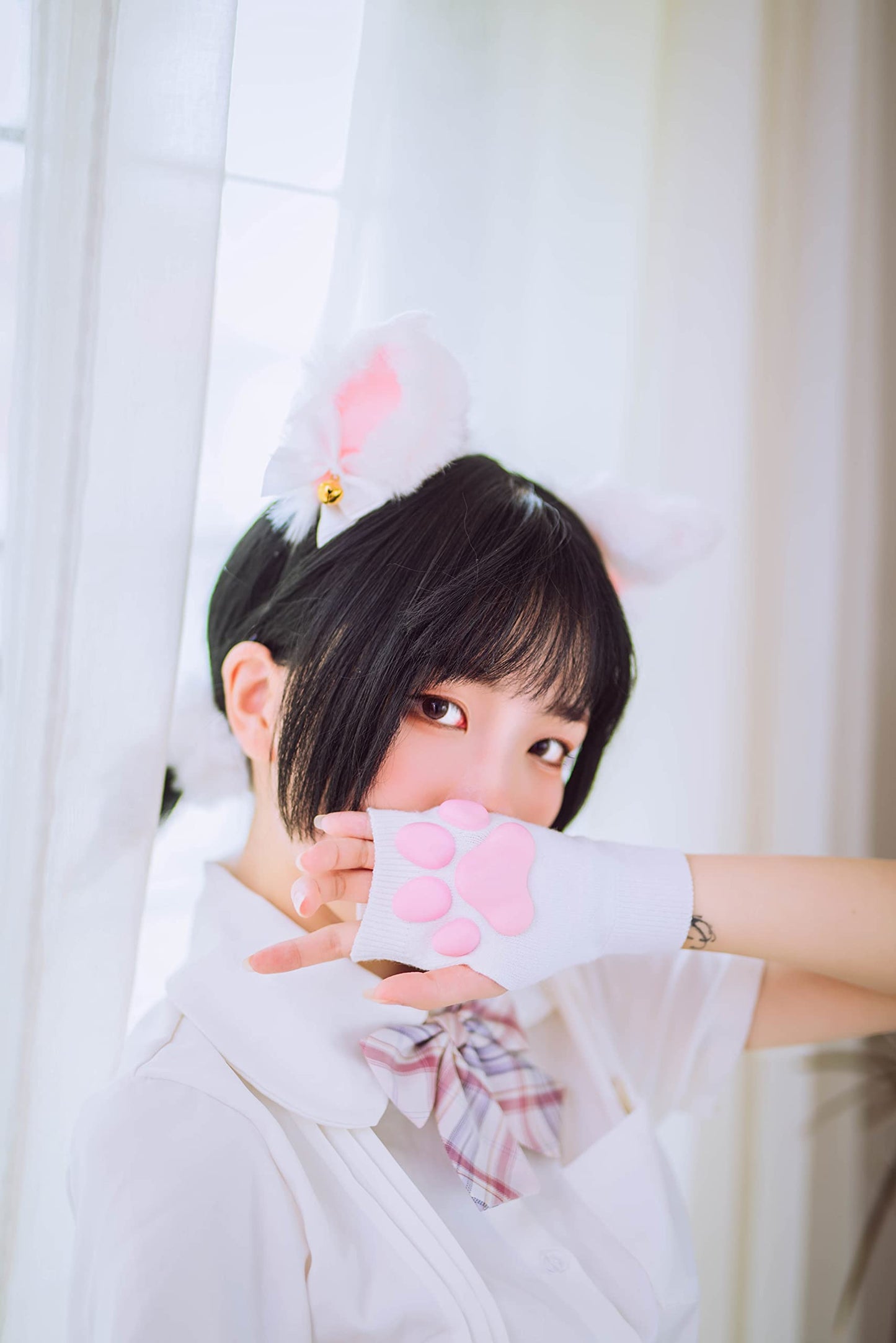 HOMEGYMFREE Cute Cat Paw Mittens Gloves, Kawaii Cat Cosplay Kawaii Soft 3D Toes Beans Fingerless Cat Claw Paws Pad Sleeve (White-Short)
