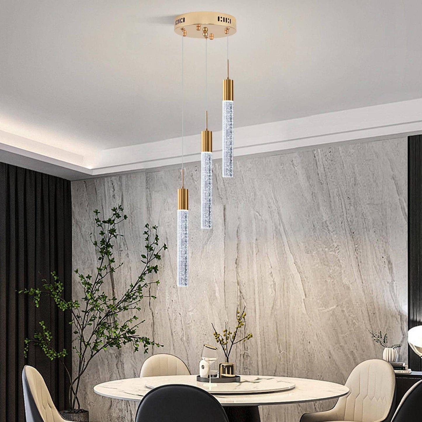 Upfelw Modern Crystal Chandelier 3-Lights  Spiral Led Raindrop Kitchen Island Pendant Lighting  Bubble Foyer Dinimg Room Hanging Light Fixture Remote Control Gold