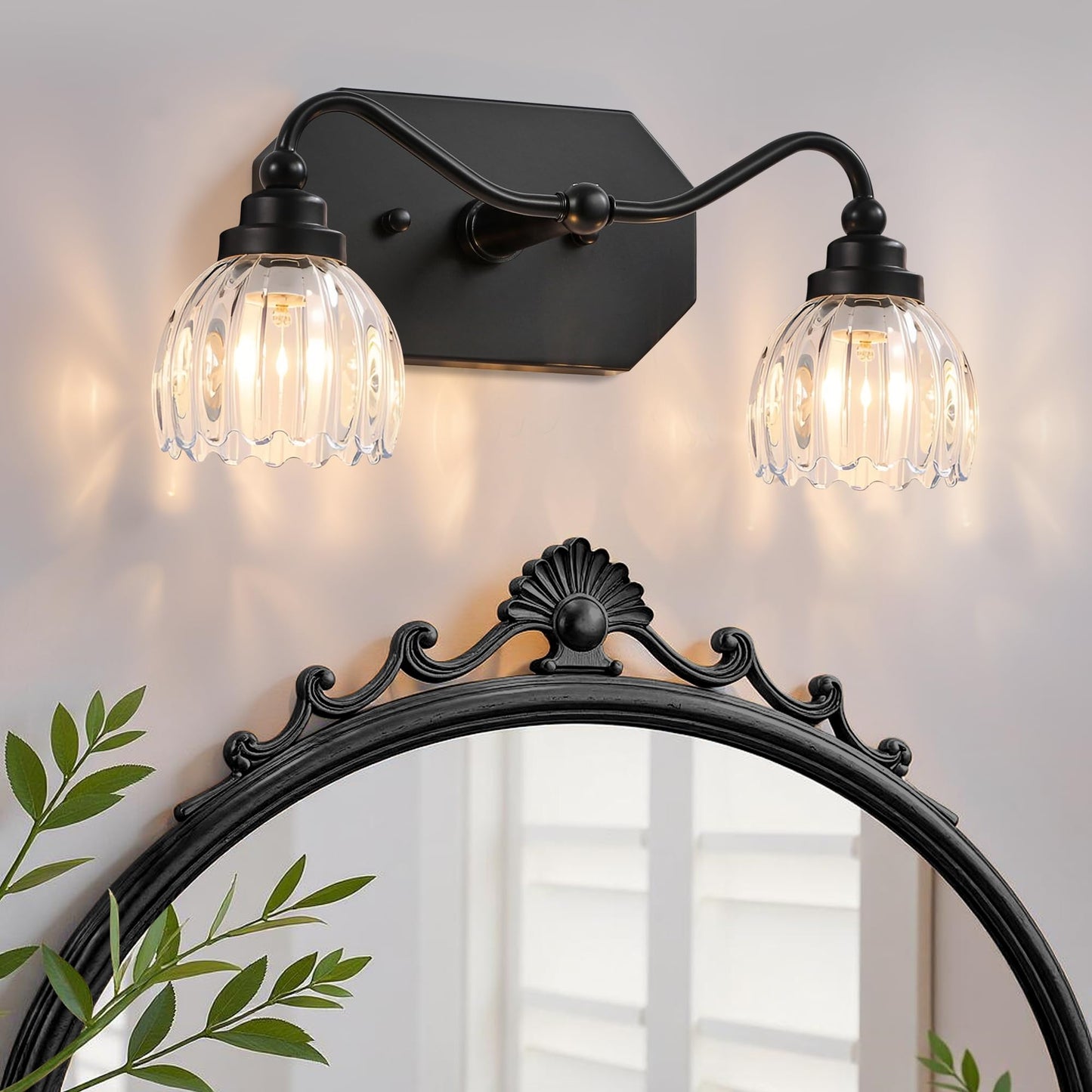 CmnVmn Vintage Bathroom Light Fixtures, 2 Light Bathroom Vanity Light, Black Matte Antique Brass Finish with Crystal Glass Shade, Mid Century Wall Sconces for Bedroom, Living Room, Hallway