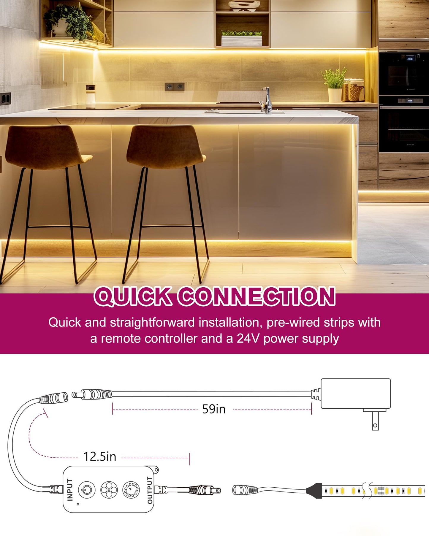 Emitever Led Strip Lights Kit Warm White With Remote & 24V Power Supply 16.4Ft Dimmable Tape Light 3000K  High Density 600Leds  240+Lm/Ft  Cri95+  Suitable For Bedroom Kitchen Under Cabinet Lighting