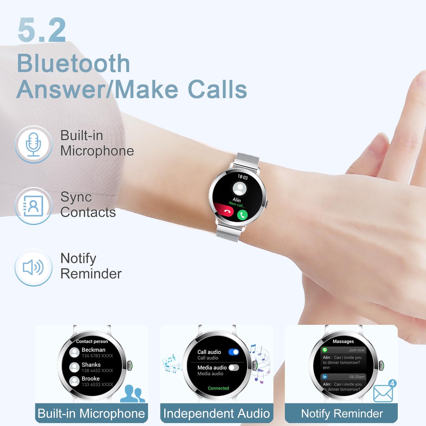 GADIXY Smart Watches for Women (Make/Answer Call),1.109 AMOLED Screen Fitness Tracker 110+ Sports Step Counter/SpO2/BP/Heart Rate/Sleep Monitor IP68 SmartWatches for Android iOS Silver