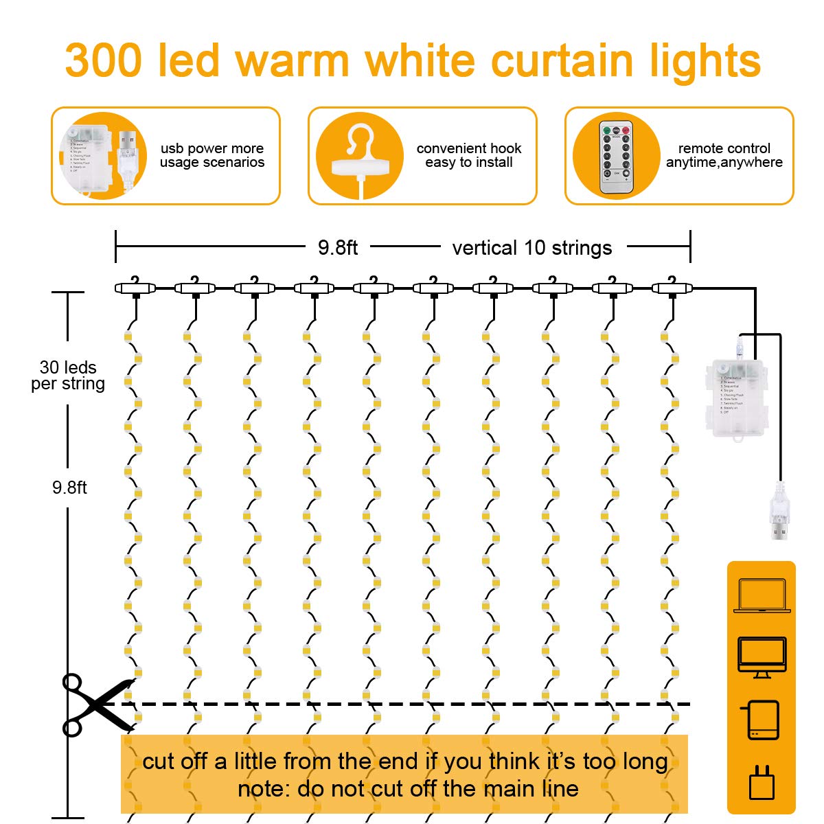 Vicloon Fairy Curtain Lights, 300 LED Warm White, 9.8x9.8Ft, Waterproof, USB & Battery Powered, Remote Control, Model 2879733