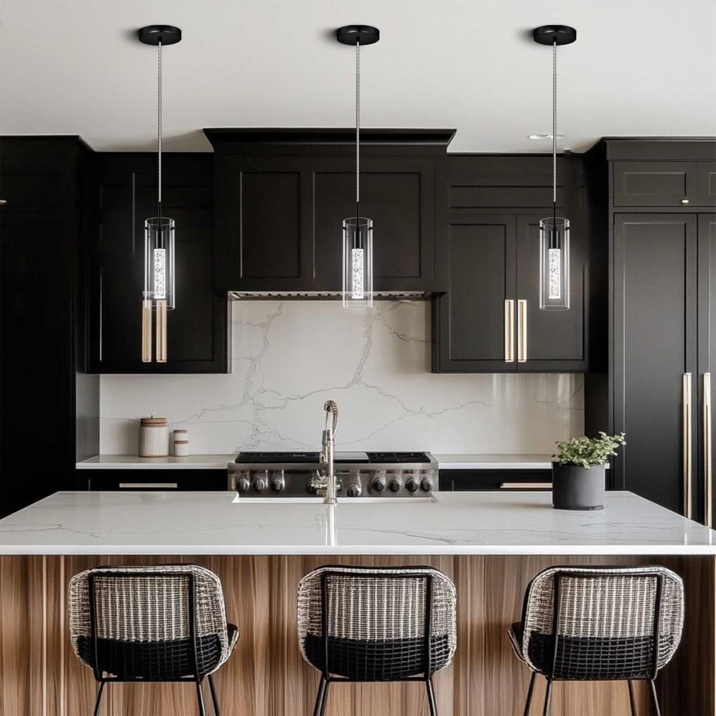 Esfos Pendant Ceiling Light Fixture, 1-Light Modern Glass Hanging Light for Kitchen Island, Black-Cold, Model L05, 1 Pack