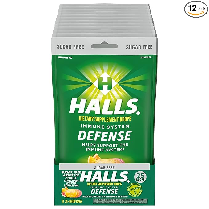 HALLS Defense Assorted Citrus Sugar Free Vitamin C Drops, Dietary Supplement Drops, 12 Bags of 25 Drops (300 Total Drops)