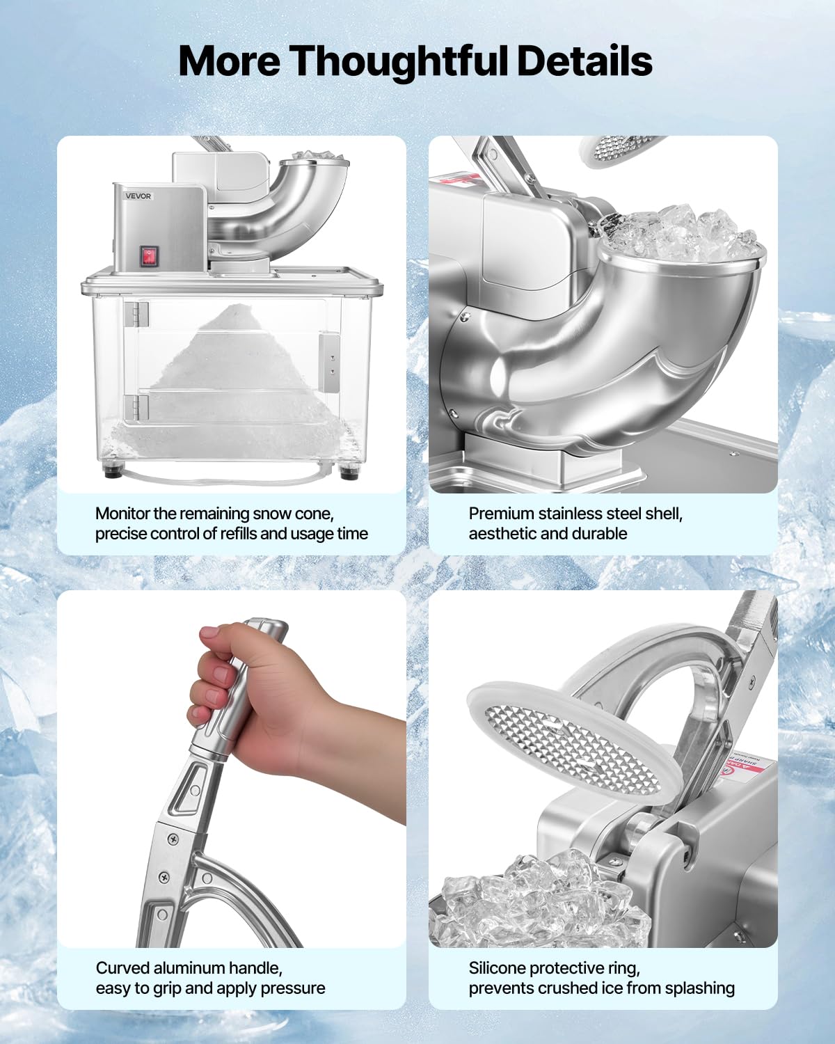 VEVOR Commercial Ice Crusher 661LBS/H, 350W Electric Snow Cone Machine with 4 Blades, 2000RPM Stainless Steel Shaved Ice Machine with 11 Gal Crushed-Ice Box, for Family Restaurants Bars, Silver