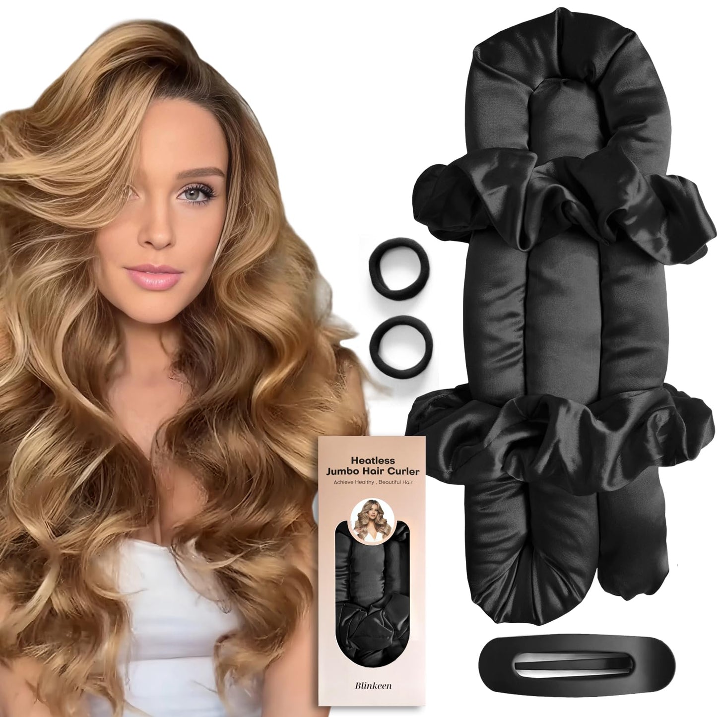 BLINKEEN Jumbo Heatless Hair Curler Set-Satin Heatless Curls Overnight, Jumbo Curling Rod Headband, No Heat Curlers to Sleep in