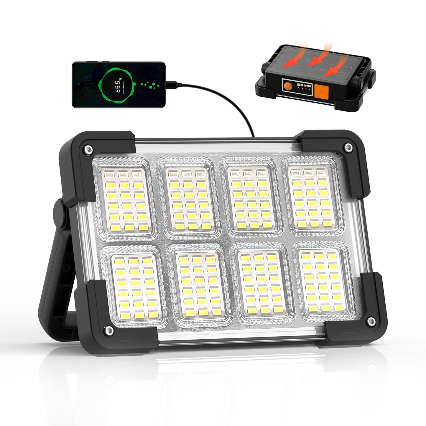DANCINGBOAR 120W Solar Work Light, 144 LED 10000LM, 4 Modes, IP66 Waterproof, Portable Flood Light, Black, Model U8CUP