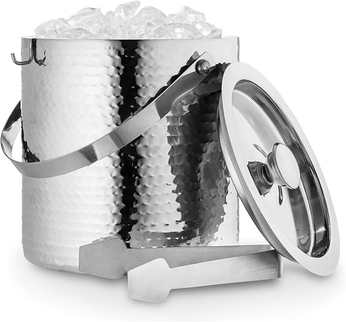 Hammered Ice Bucket - Ice Bucket with Tongs - Insulated Ice Bucket with Lid - Double Wall Ice Bucket 3 Quarts - By Colleta...